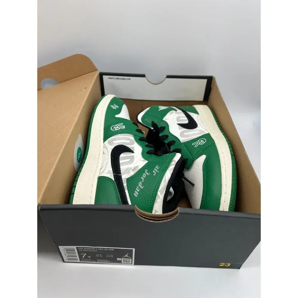 Jordan 1 Mid SE Overbranded GS Pine Green Sneakers HF3200-300 Size 7Y.